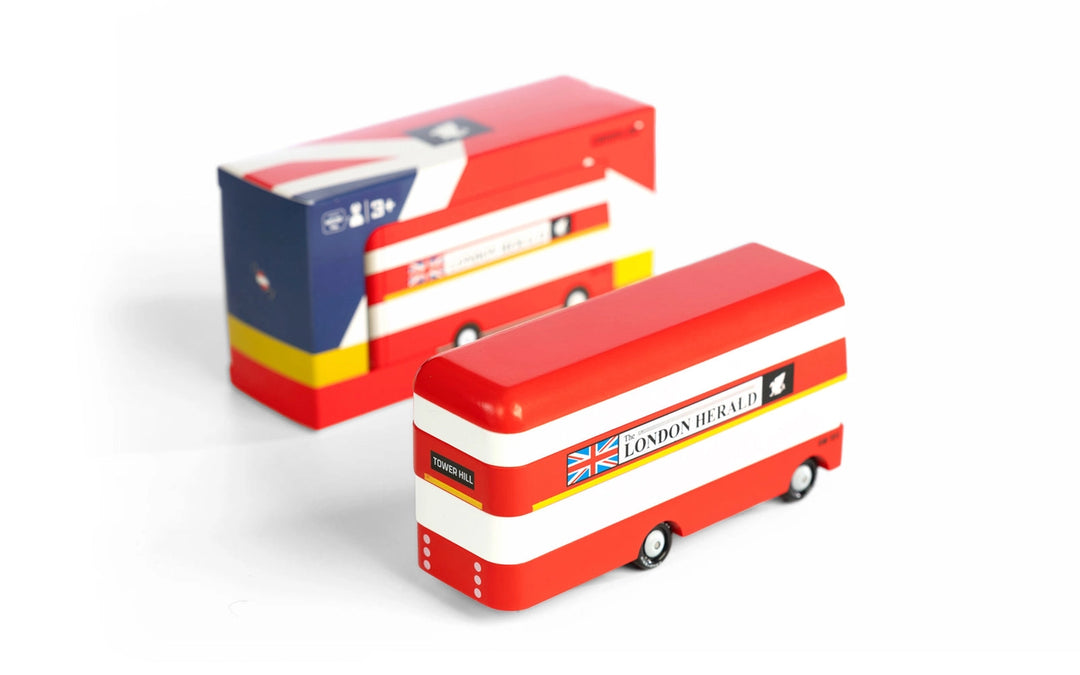 Toddler-friendly wooden London bus toy by Candylab.