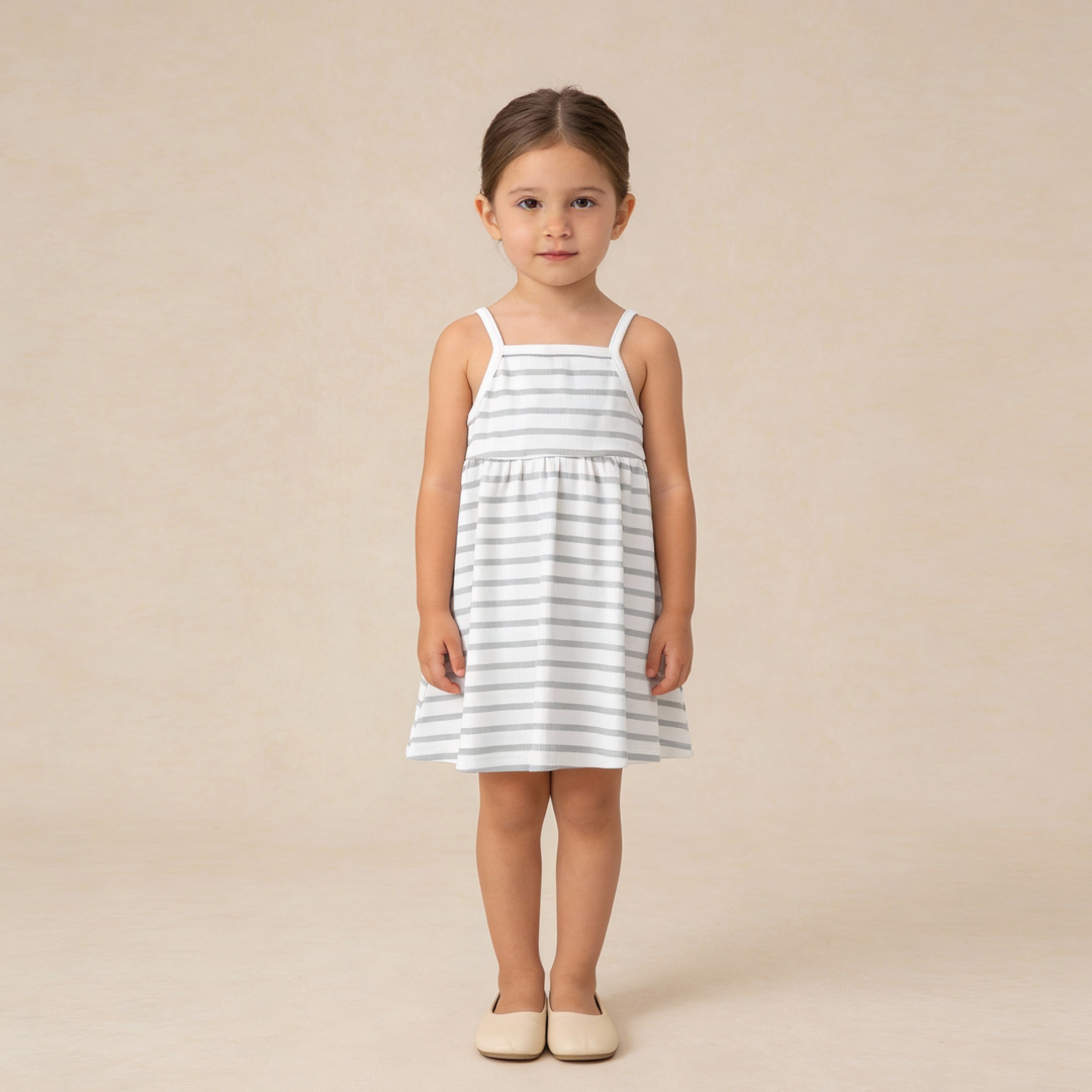 MakeMake Organics Fog Stripes Tie-Back Strap Dress - GOTS certified organic cotton baby dress