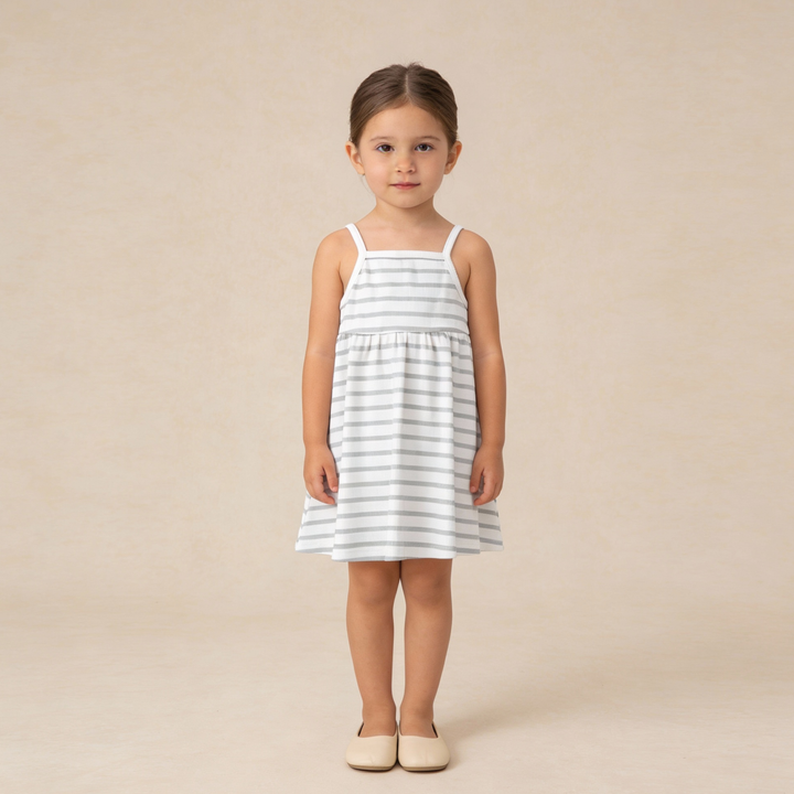 MakeMake Organics Fog Stripes Tie-Back Strap Dress - GOTS certified organic cotton baby dress