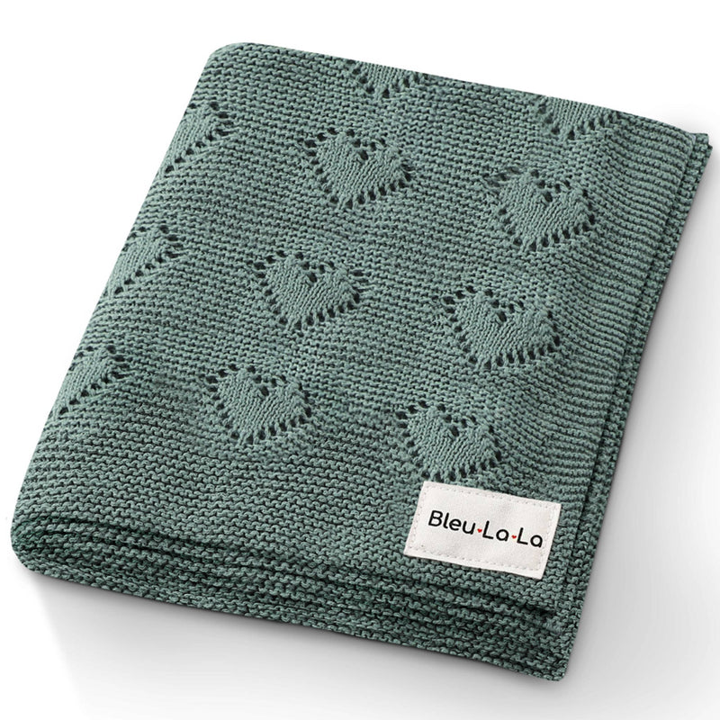 Bleu La La Cotton Receiving Swaddle Baby Blanket with a Heart Pattern in Sage