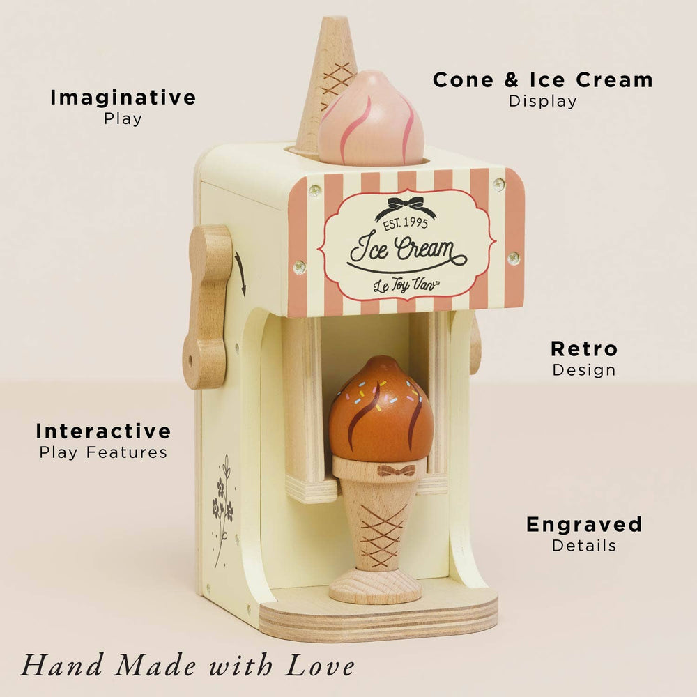 Labels point out the retro design, engraved details, and cone display on Le Toy Van's Ice Cream Machine