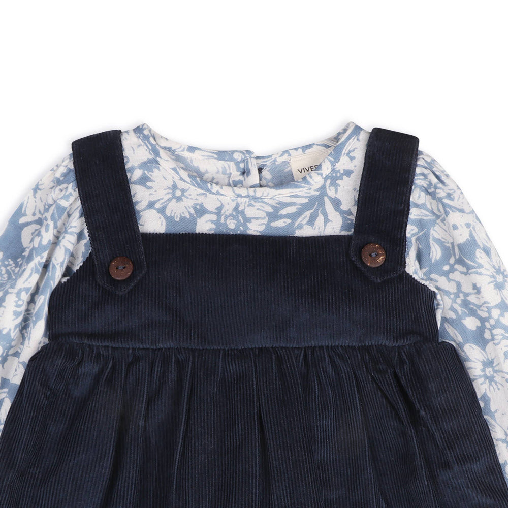floral blue matching pinafore and bloomers set by viverano organics 