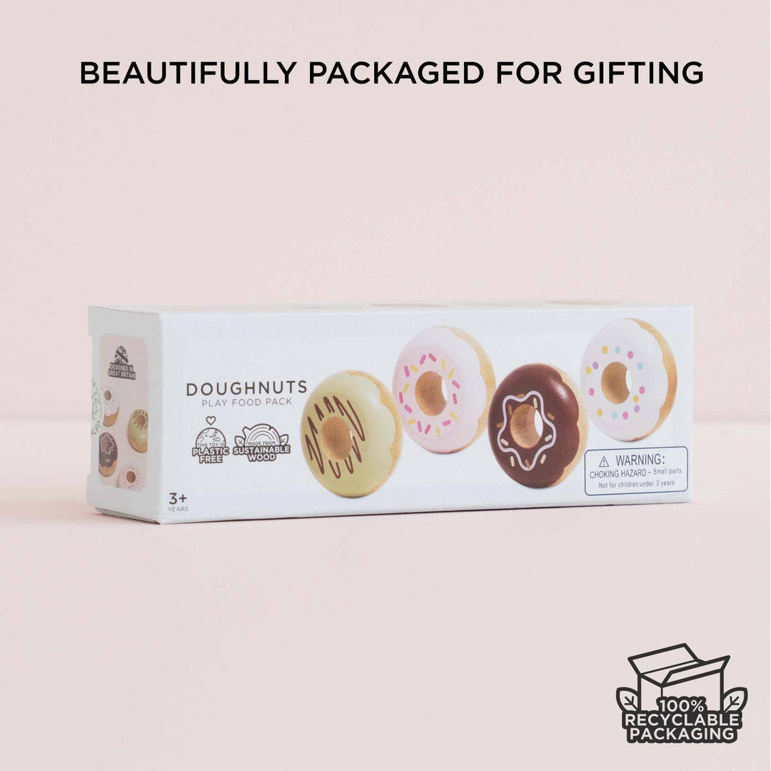 A retro style box design featuring the four donut flavors from the Le Toy Van Wooden Donut Play Food Set