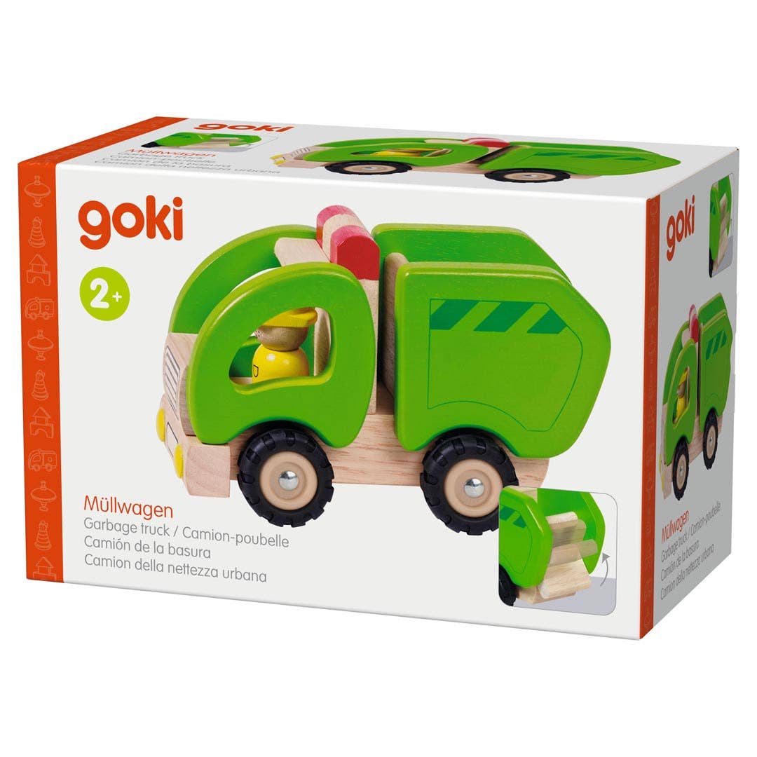 Goki wooden garbage truck toy for toddlers inside box