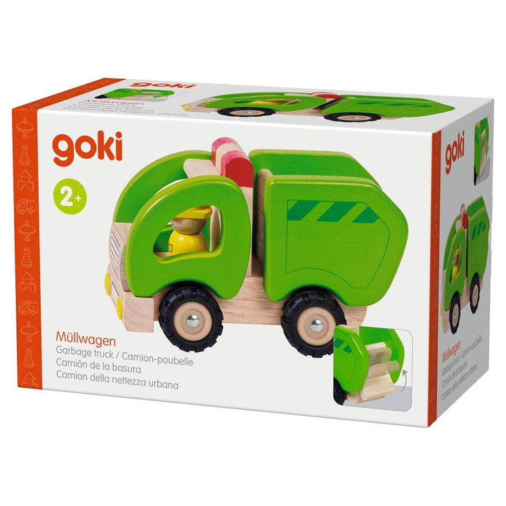 Goki wooden garbage truck toy for toddlers inside box