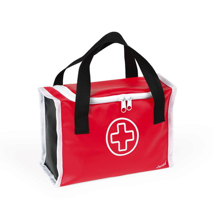 red first aid doctors bag by janod with ten wooden doctors tools
