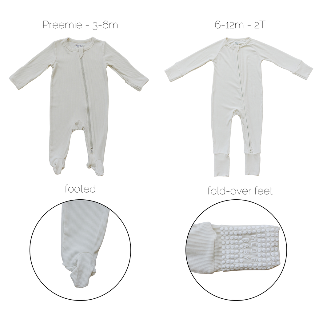 Cream bamboo zip up pajamas with feet or fold-over feet