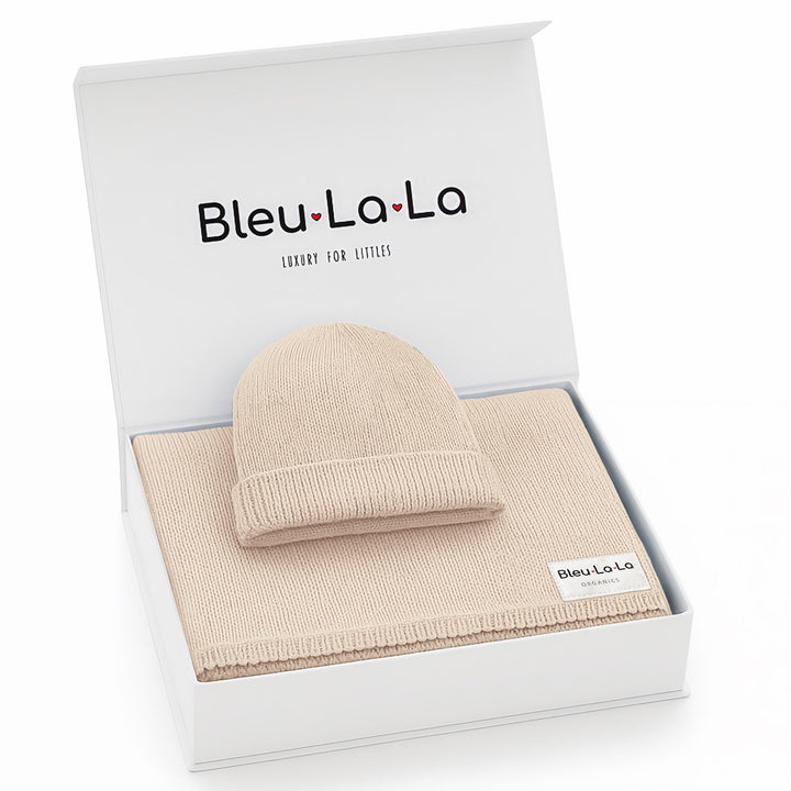 Bleu La La beige organic cotton knit baby blanket and hat set in gift box, neutral luxe style