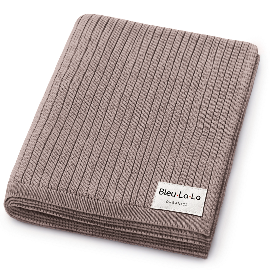 Folded navy Bleu La La Organic Ribbed Knit Cotton Baby Blanket, thick ribbed newborn swaddle blanket