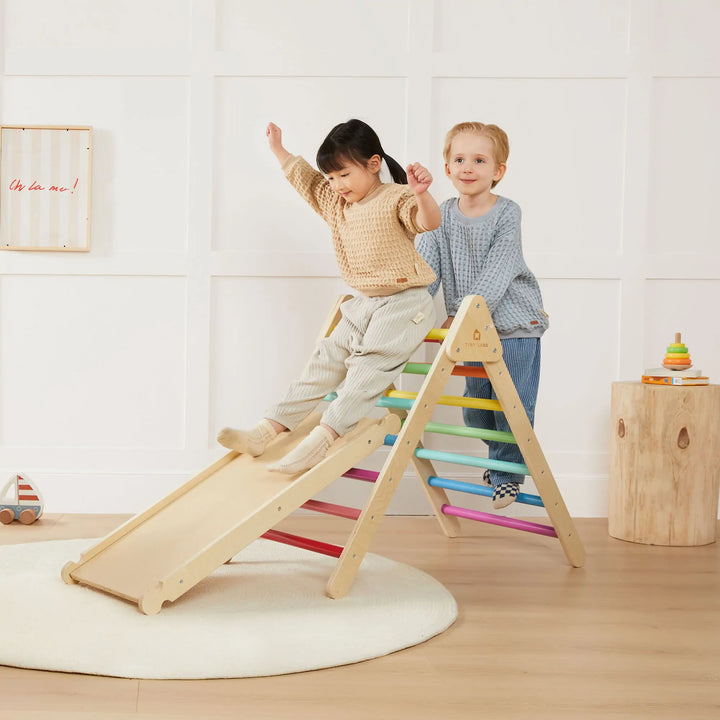 This Tiny Land Rainbow Climbing Set is a wood toy perfect for stimulating strength and agility.