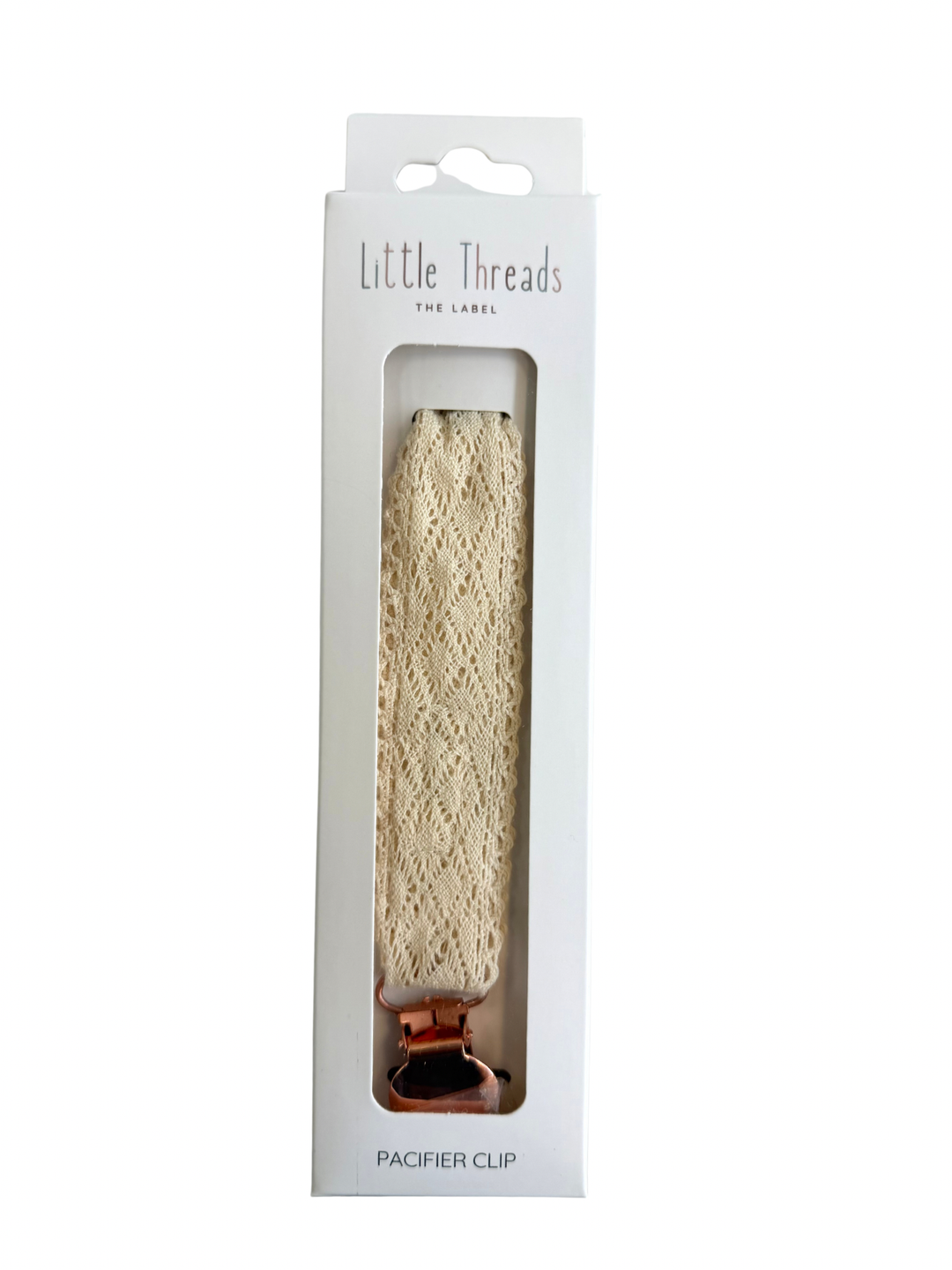 Little Threads Diamond Crochet Collection Pacifier Clip with rose gold hardware in a window gift box for baby showers