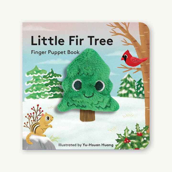 Chronicle Books Little Fir Tree Finger Puppet Book cover with plush tree and cardinal