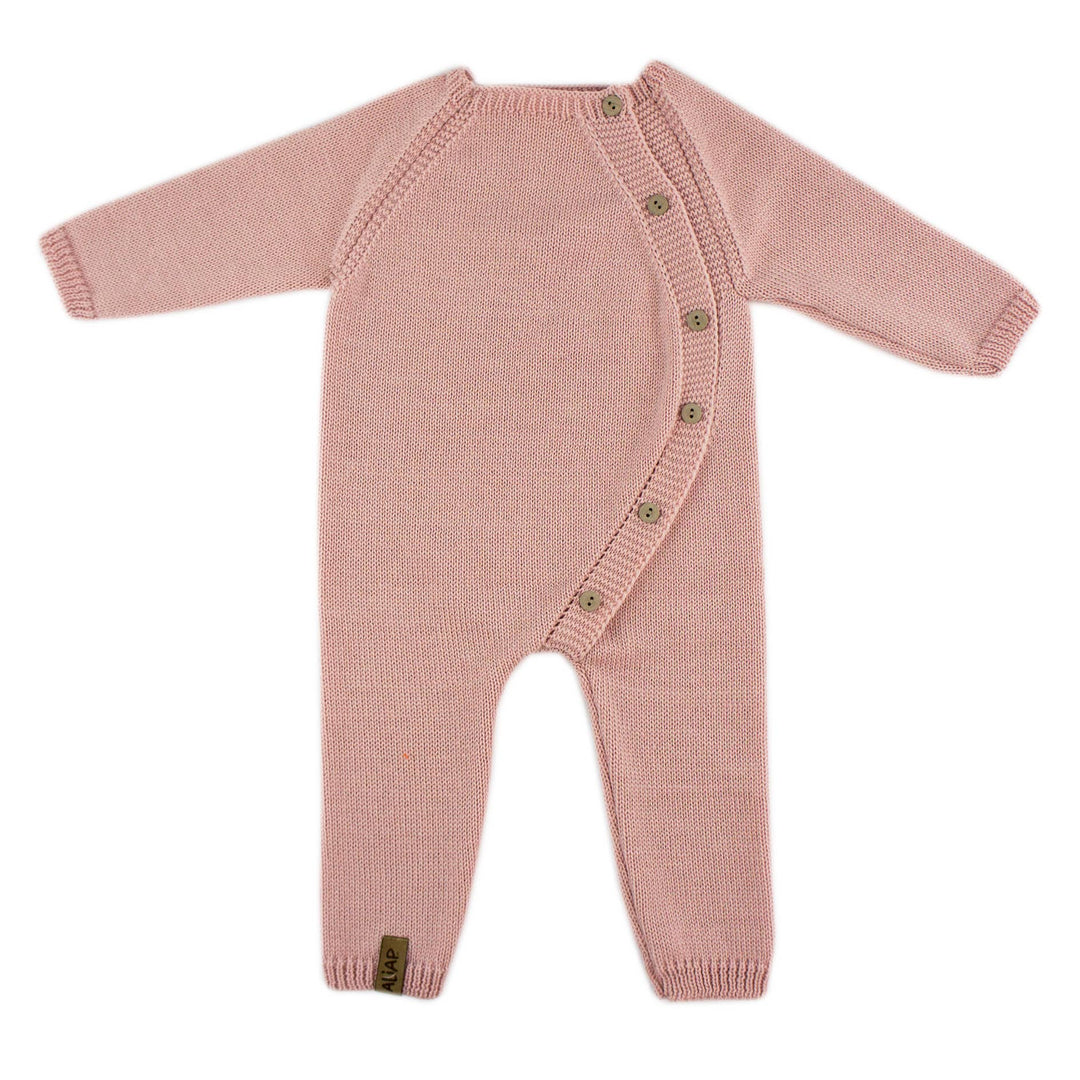 Pink Merino Wool Plain Knit Baby Bodysuit by ALIAP, soft knitted infant outfit with asymmetric button front