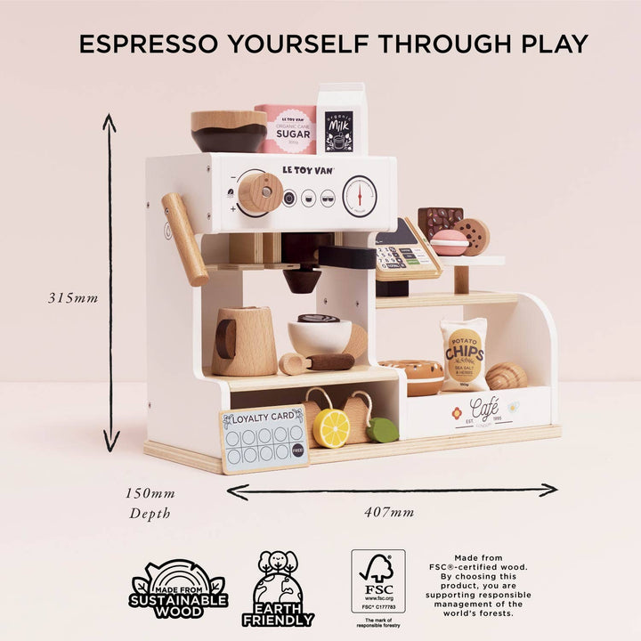 Detailed accessories enhance storytelling in the Le Toy Van Barista CafŽ Shop wooden toys cafŽ experience