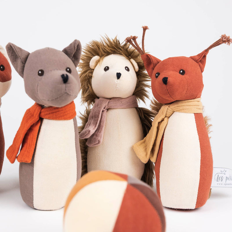close-up of multiple animals such as fox and hedgehog from egmont toys forest bowling game