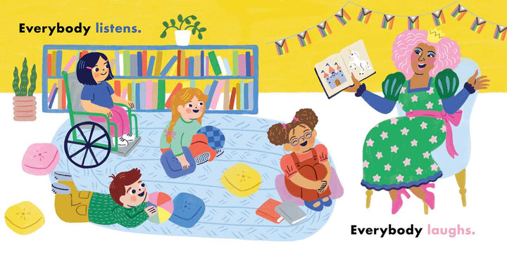 A grandmother reads aloud to children in this We're All in This Together board book spread, Simon & Schuster
