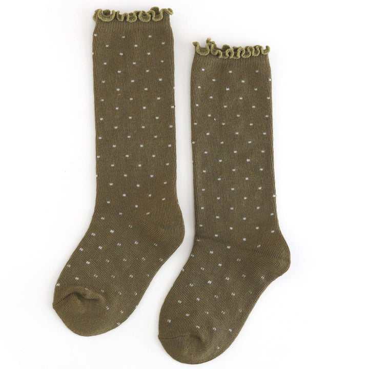 Little Stocking Co. Dottie Knee Socks in Olive laid flat, ruffle-top polka dot baby knee high socks