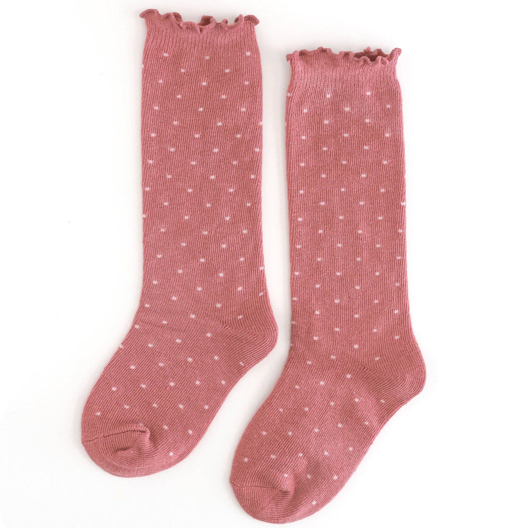 Little Stocking Co. Dottie Knee Socks in Old Rose laid flat, ruffle-top polka dot baby knee high socks