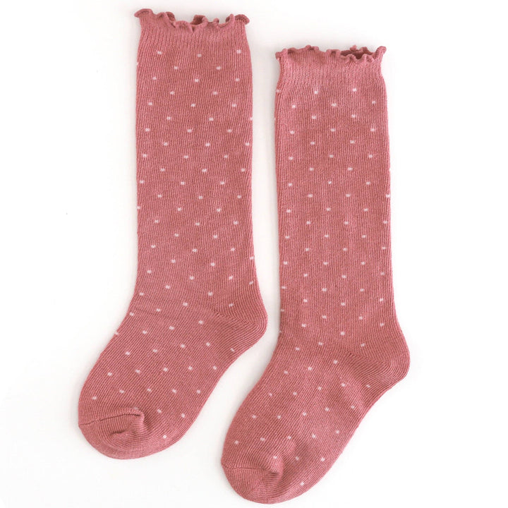 Little Stocking Co. Dottie Knee Socks in Old Rose laid flat, ruffle-top polka dot baby knee high socks