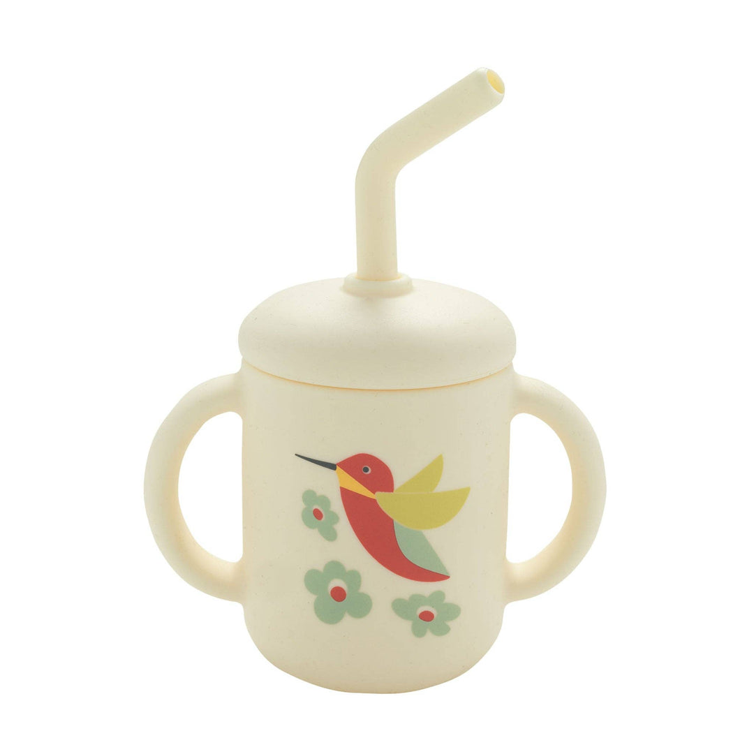 front view of hummingbird sugar booger white straw sippy cup