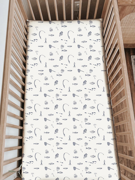 Gunamuna Bamboo Crib Sheet with Fishing pattern