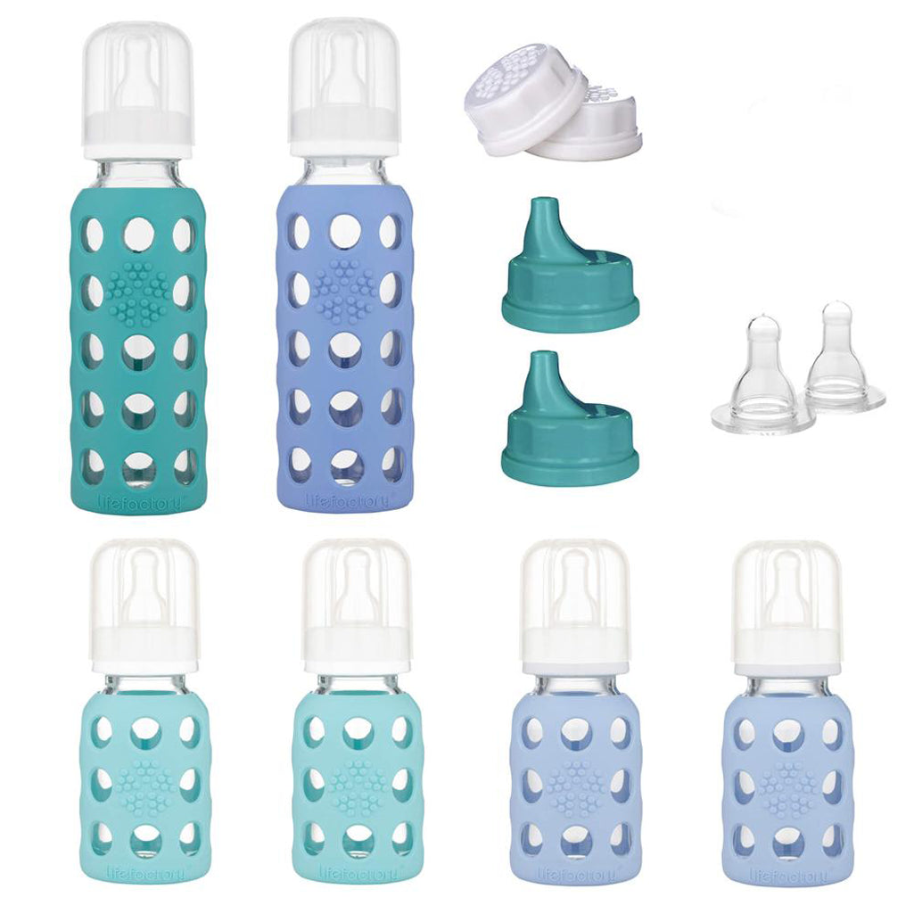 Lifefactory 6-glass bottle starter set, durable and eco-friendly glass bottles for babies.