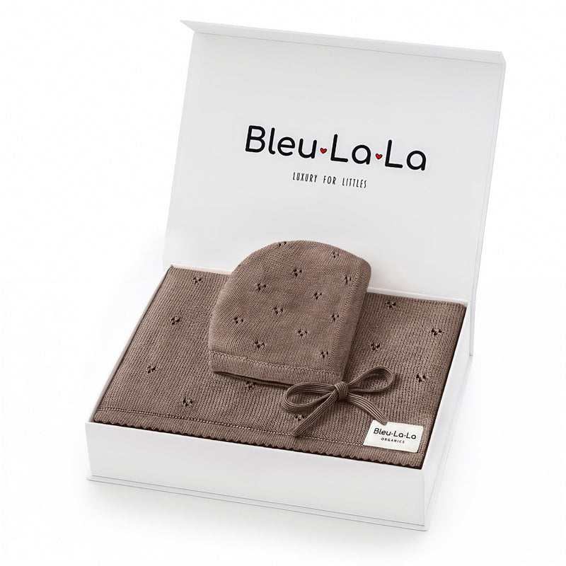 Bleu La La Organic Pointelle Swaddle Blanket + Hat Gift Set in mocha, folded to highlight breathable pointelle knit.