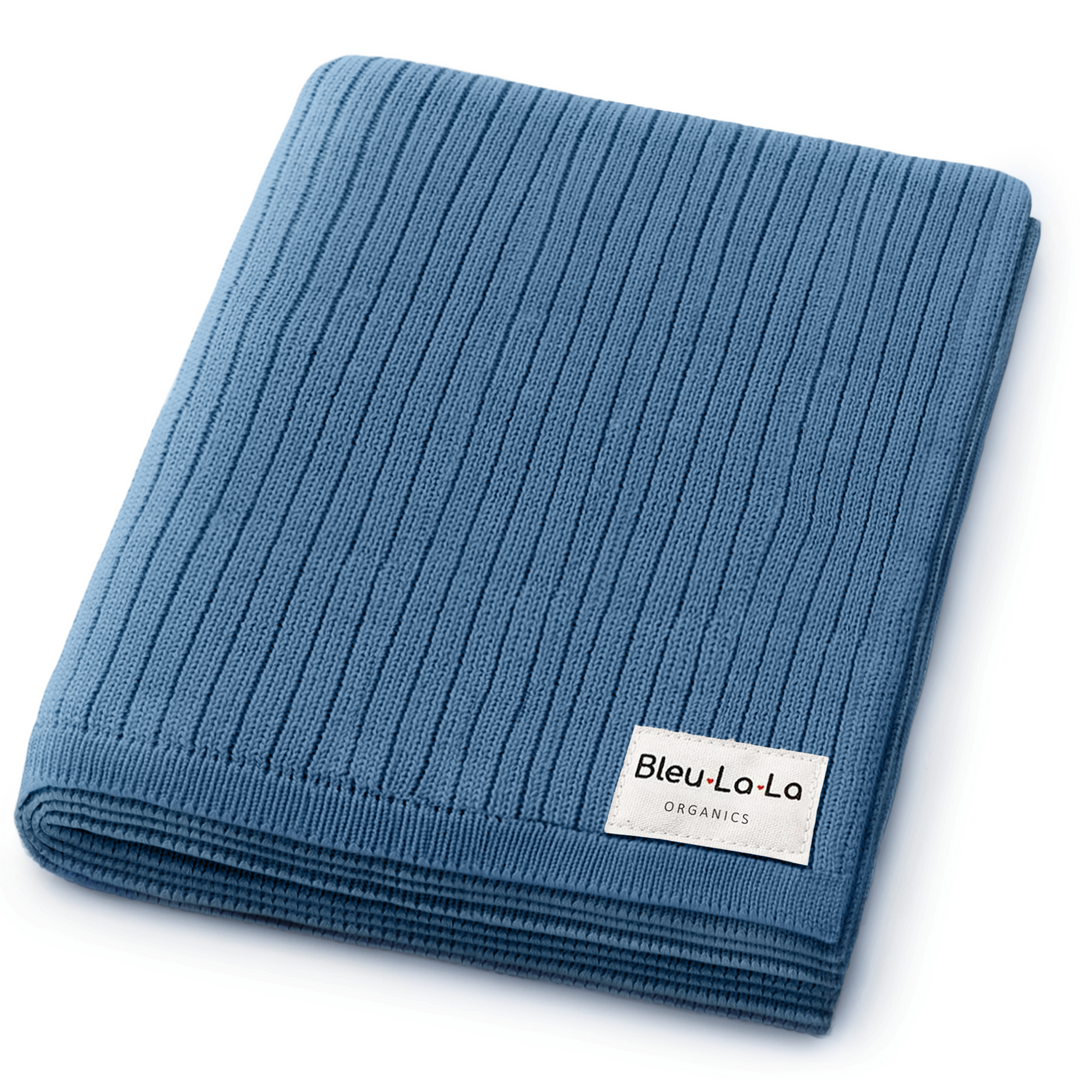 Folded beige Bleu La La Organic Ribbed Knit Cotton Baby Blanket, organic cotton ribbed receiving blanket for newborns