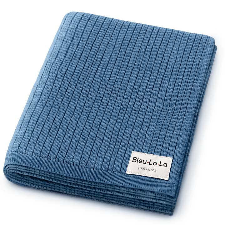 Folded beige Bleu La La Organic Ribbed Knit Cotton Baby Blanket, organic cotton ribbed receiving blanket for newborns