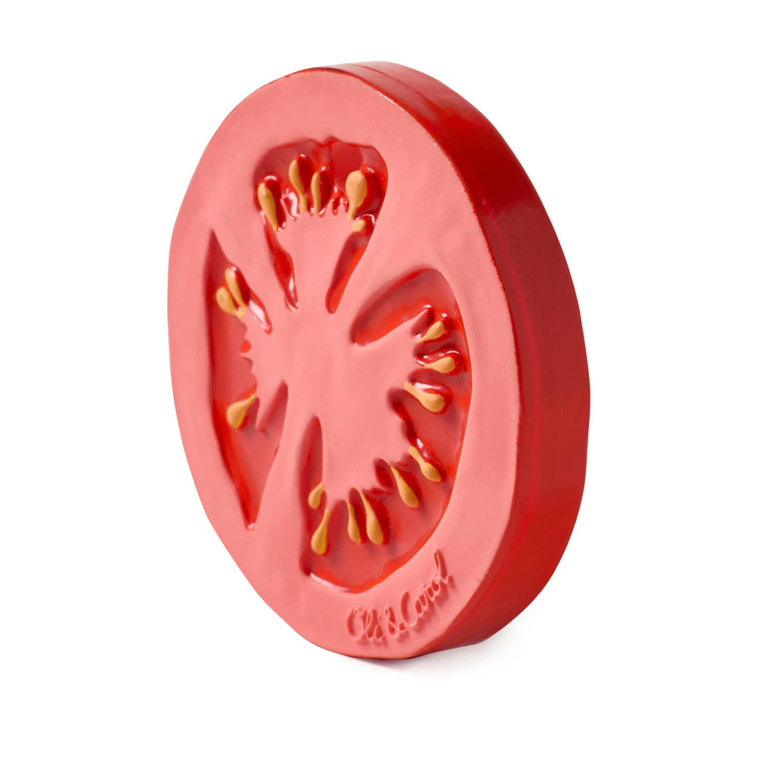 Oil & Carol Renato the Tomato side view, natural rubber baby teether for sore gums, infant chewing, grasping, and sensory play