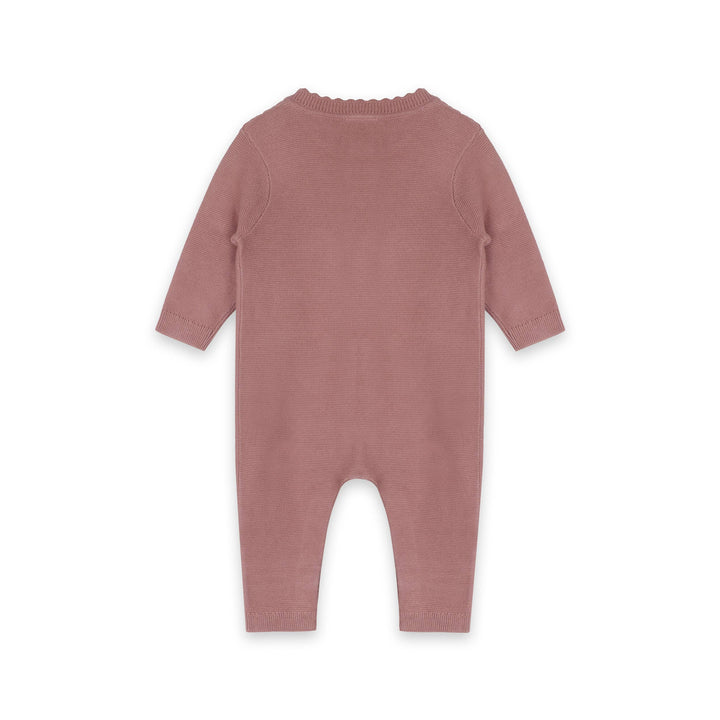 Backside of the Viverano Organics Vintage Rose Knitted Jumpsuit for infants with buttons and pockets