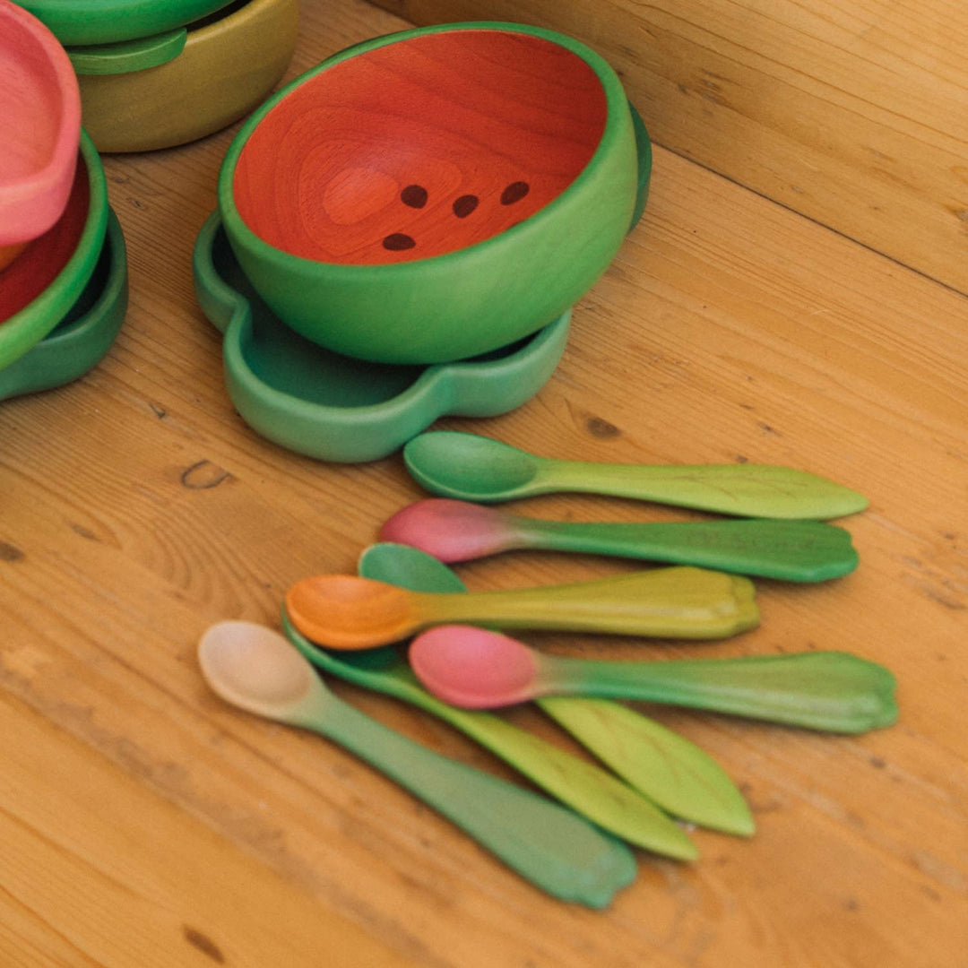 Oil & Carol baby spoons with toy fruit and dinnerware, toddler feeding utensils for first foods, sensory play, and kitchen play