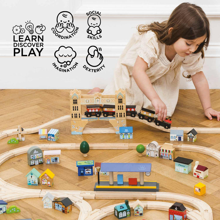 The Le Toy Van London Train Set, a wood toy, brings trains and storytelling together beautifully.