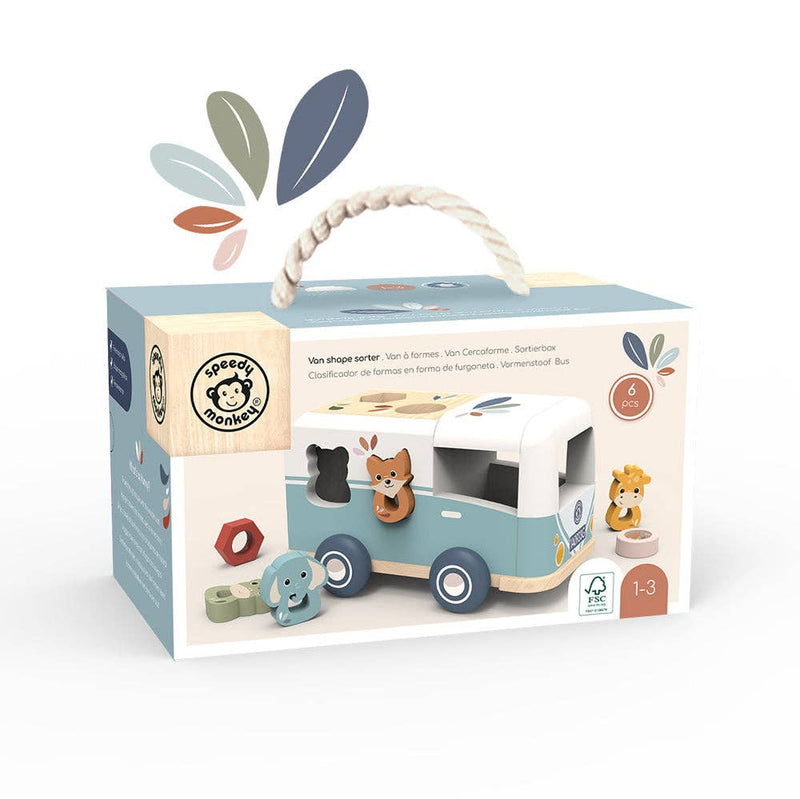 van shape sorter with wooden animals by Speedy Monkey, montessori learning toy
