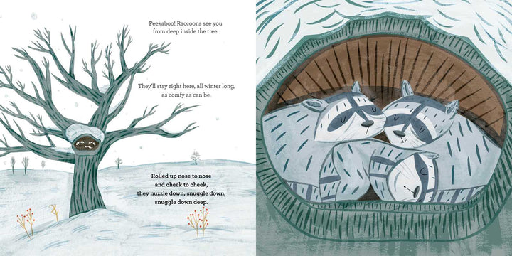 Cozy nesting animals page from Snuggle Down Deep Diane Ohanesian winter picture book