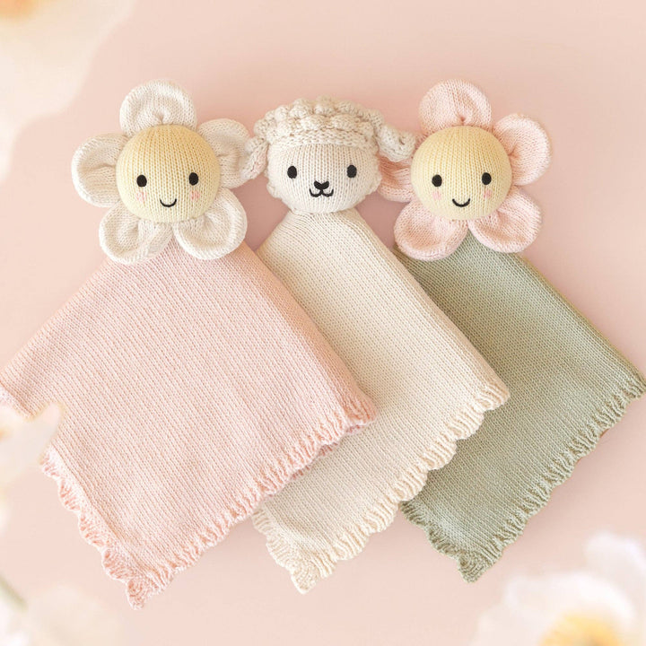 Baby Daisy Lovey Blush Cuddle + Kind — best hand-knit lovey gift for baby girl nursery