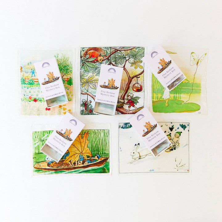 A collage reveals possible designs inside the Elsa Beskow Mini Mystery Playsilk from Sarah's Silks