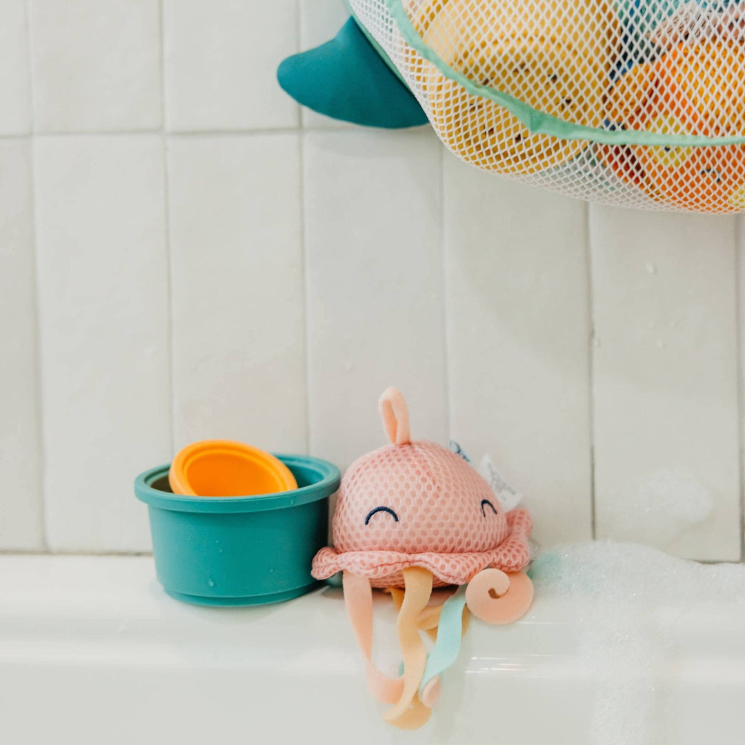 Close up of plush bath toy fabric, soft baby bath toys designed for water play and comfort