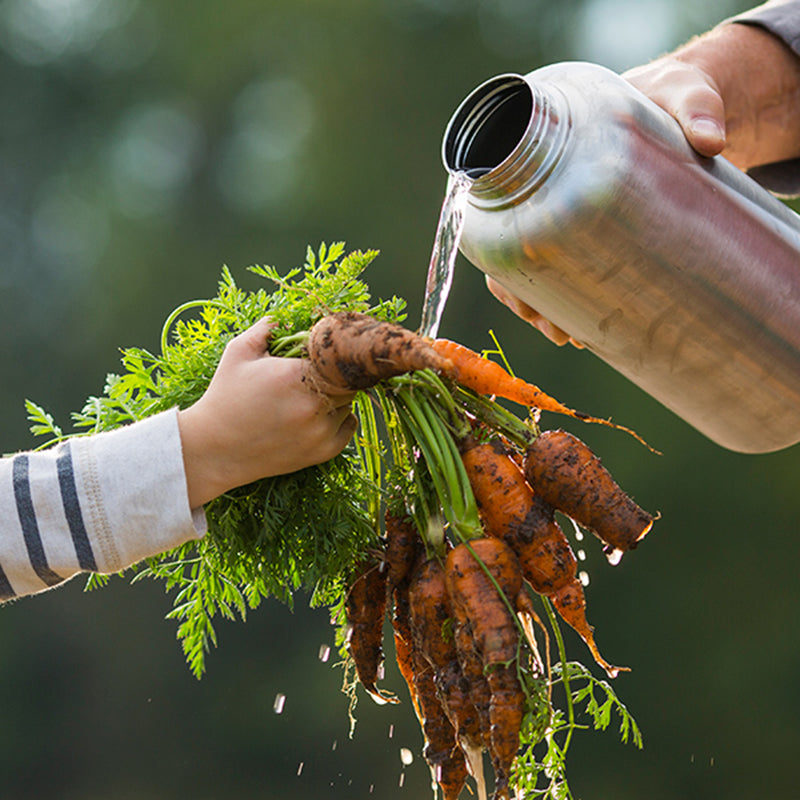Rinsing vegetables in Klean Kanteen 64oz Wide Water Bottle in Black, natural materials and leak proof for safe hydration.