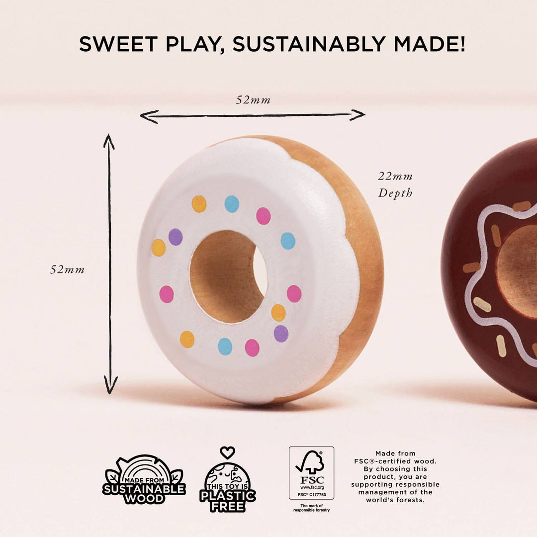 A chart of donut dimensions and eco friendly wood sourcing icons for the Le Toy Van Donut Play Food Set