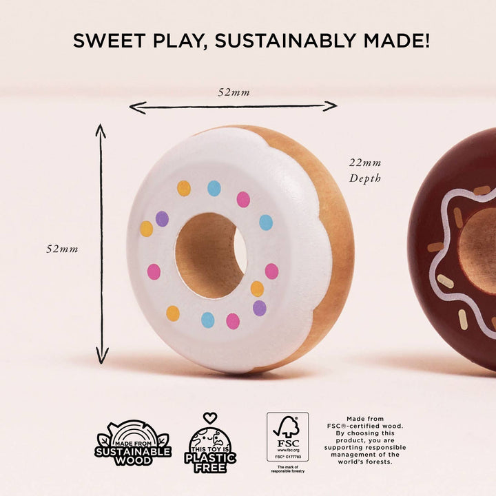 A chart of donut dimensions and eco friendly wood sourcing icons for the Le Toy Van Donut Play Food Set