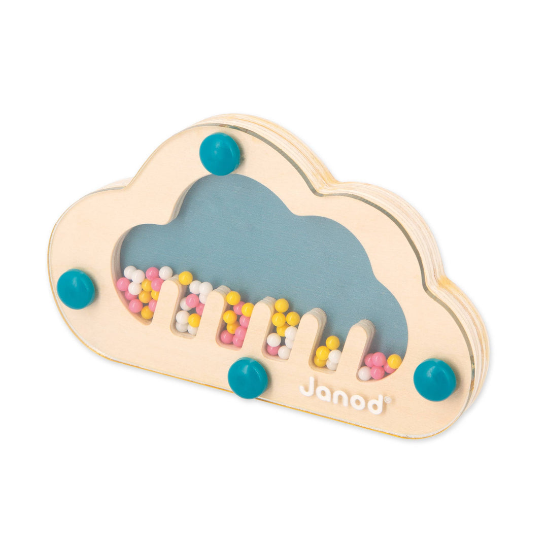 Close-up of wooden activity board from Janod 12 month toy box