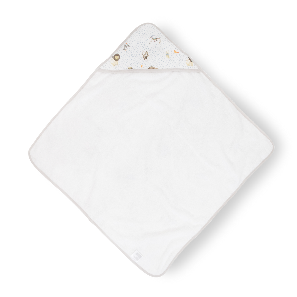 Cozy hooded baby towel by Little Unicorn, Infant Hooded Towel - Party Animals, perfect for keeping infants warm after bath