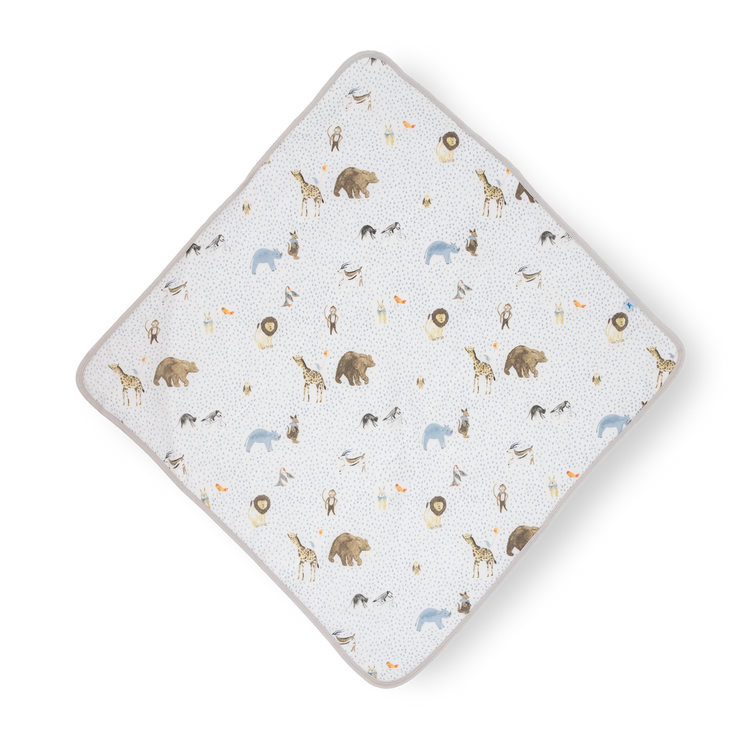 Little Unicorn Infant Hooded Towel - Party Animals featuring playful animal designs, gentle baby bath towel for newborns