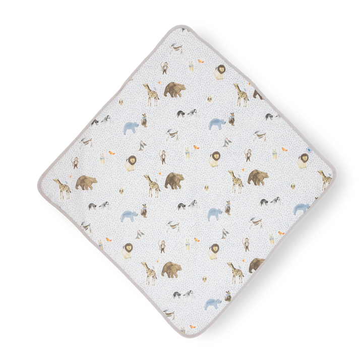 Little Unicorn Infant Hooded Towel - Party Animals featuring playful animal designs, gentle baby bath towel for newborns