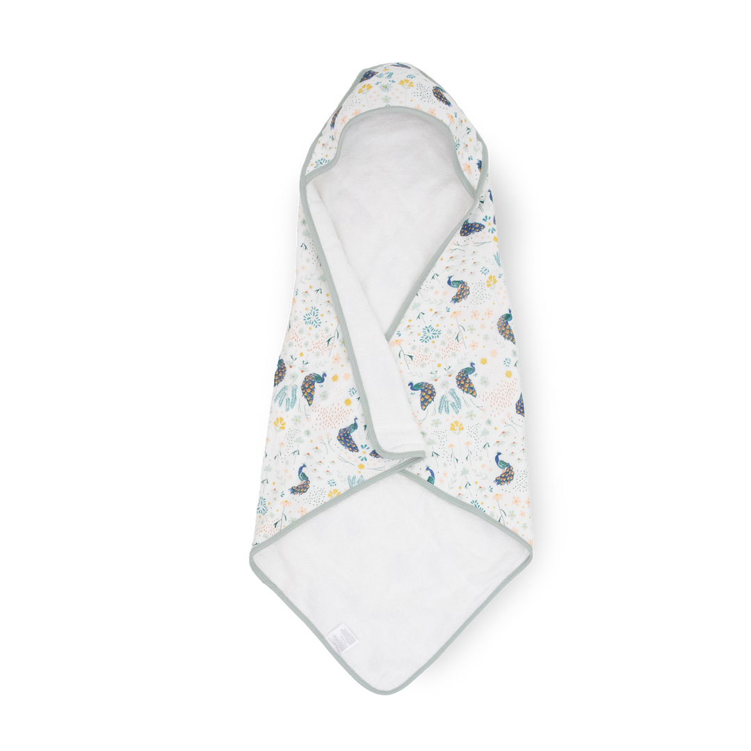 Little Unicorn Infant Hooded Towel - Peacock in vibrant peacock feather print, soft baby towels for bath time