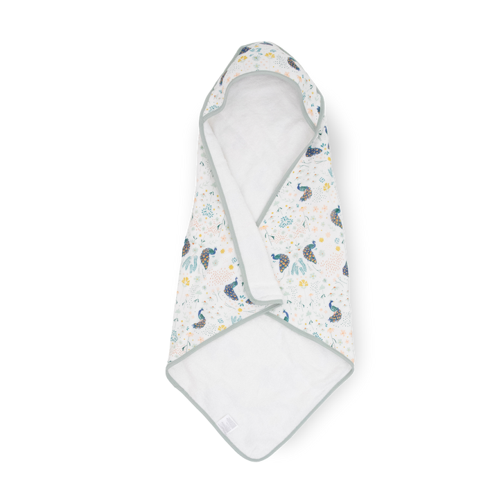 Little Unicorn Infant Hooded Towel - Peacock in vibrant peacock feather print, soft baby towels for bath time