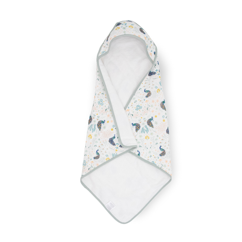 Little Unicorn Infant Hooded Towel - Peacock in vibrant peacock feather print, soft baby towels for bath time