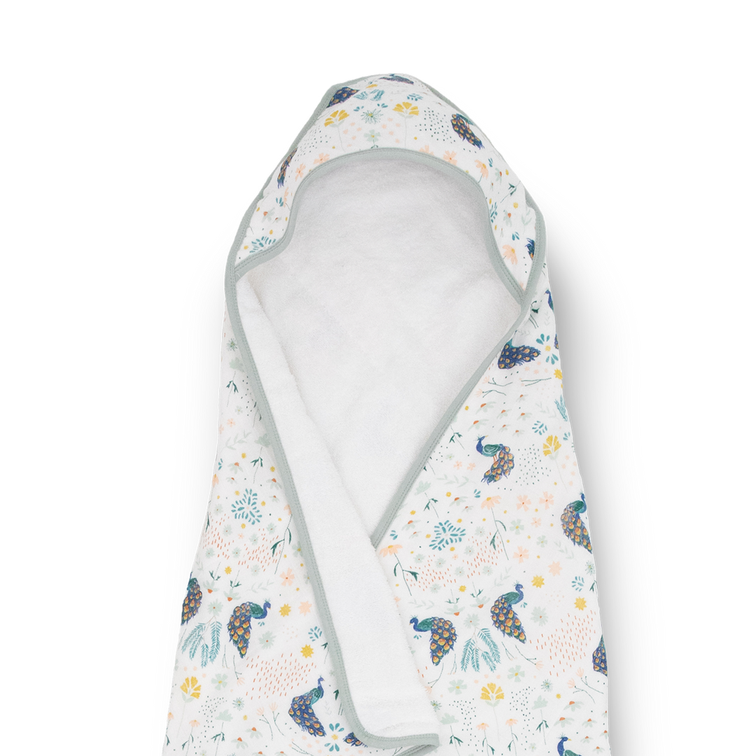 Absorbent baby hooded towel from Little Unicorn, Infant Hooded Towel - Peacock, keeps babies comfy and cozy after bath