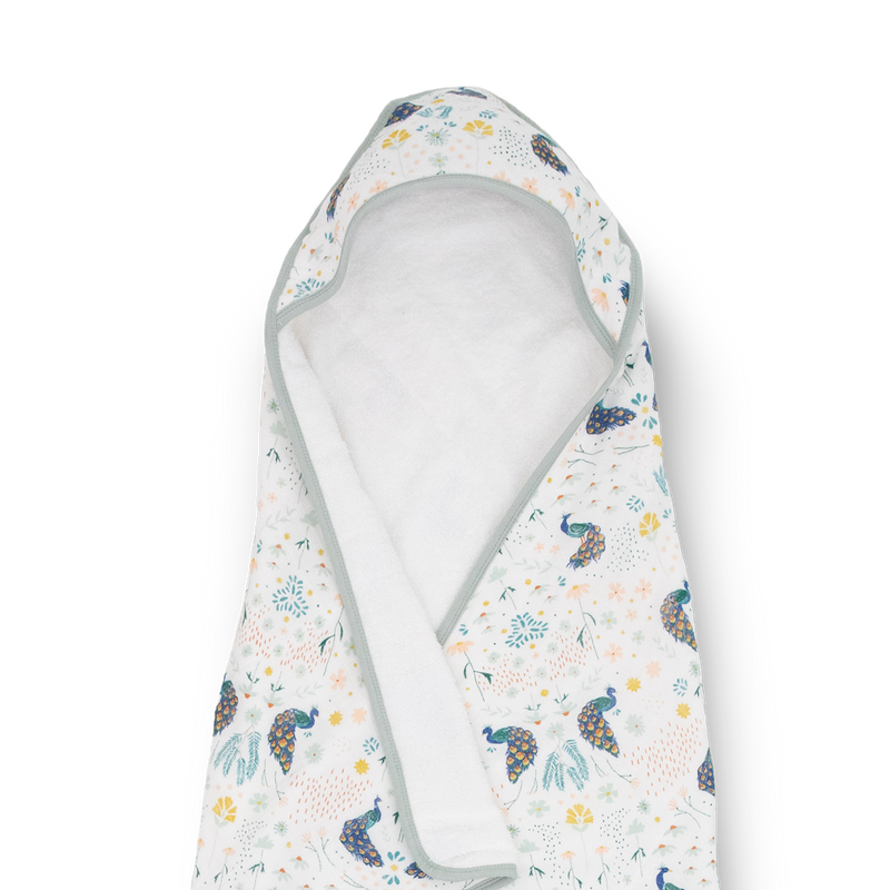 Absorbent baby hooded towel from Little Unicorn, Infant Hooded Towel - Peacock, keeps babies comfy and cozy after bath